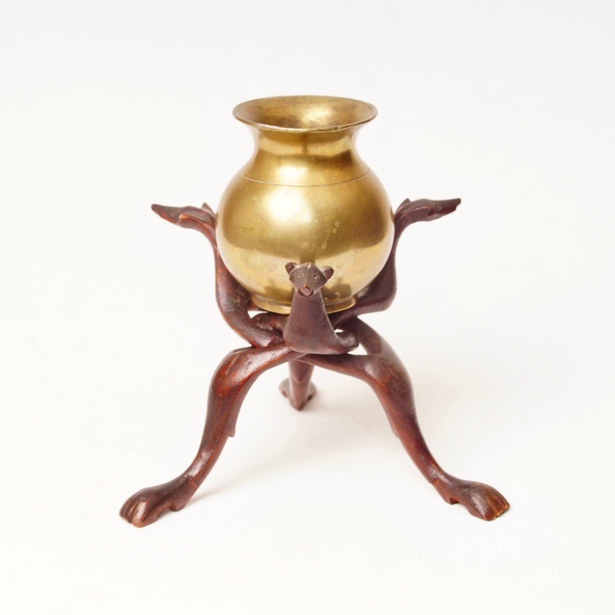 Vintage Hand-Carved Wood Cobra Stand & Brass Bowl, 3-Legged Greyhound Dog Bowl Stand, Interlocking Wooden Stand, Round Brass Vase, 7 1/4" H