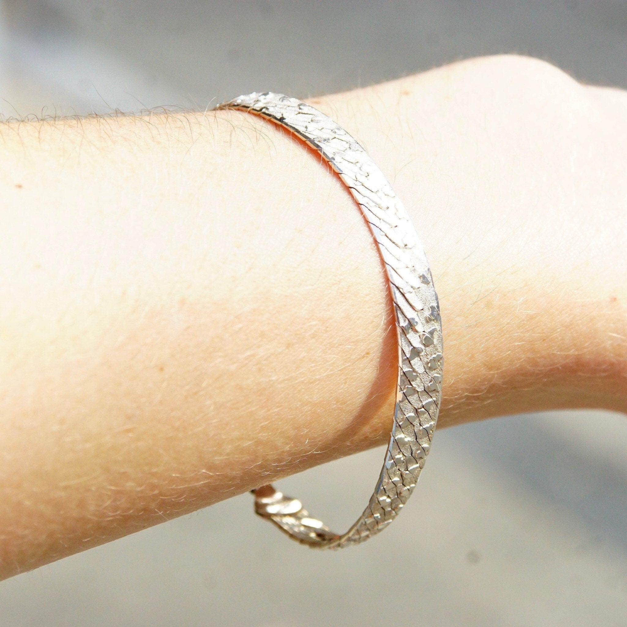 Vintage Italian Sterling Silver Nugget Link Bracelet, 6.5mm Textured Silver Chain, Herringbone Pattern, Flashy 925 Accessories, 7 1/2" L