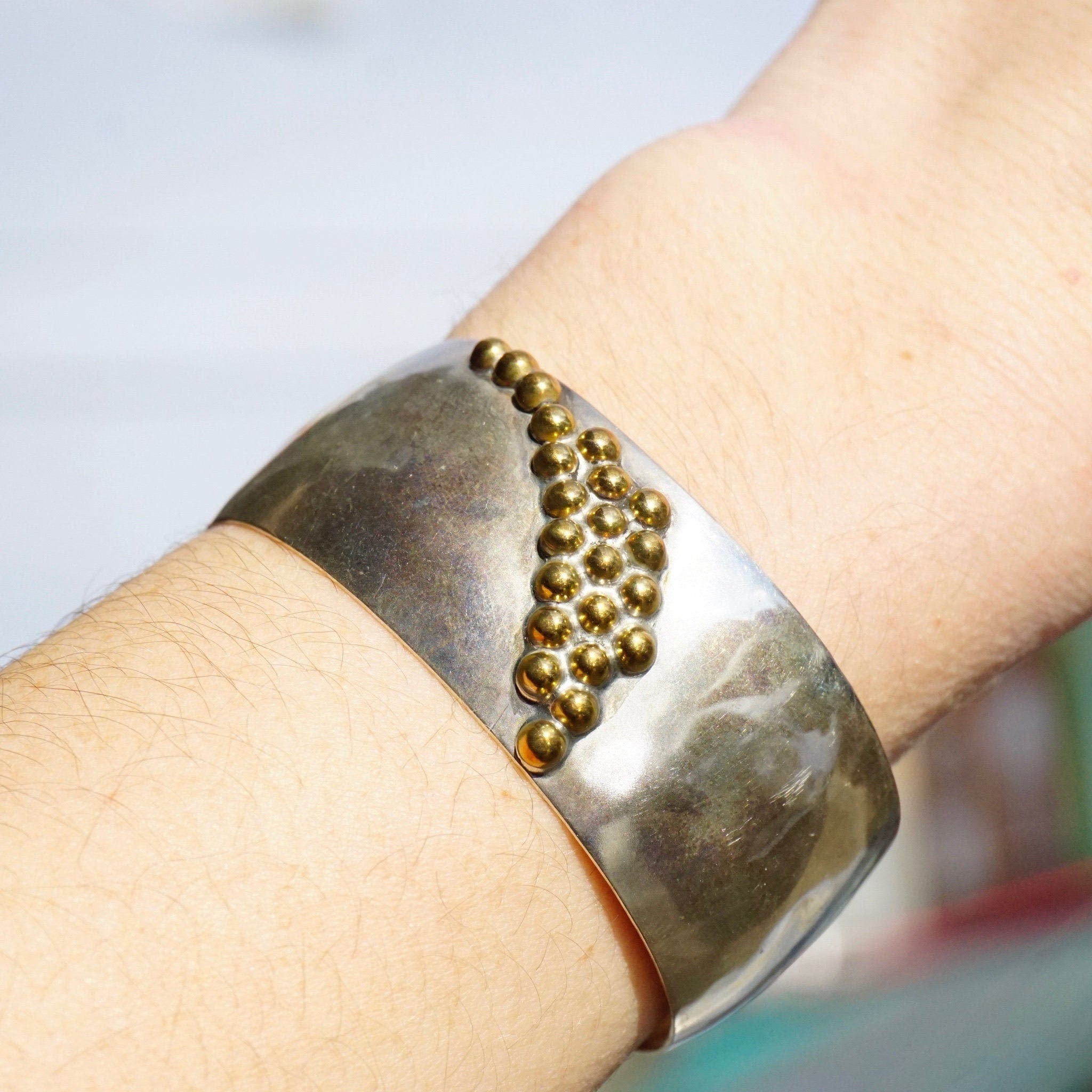 Vintage Louis Booth Sterling Brass Bracelet Cuff, Hammered Silver Cuff With Beaded Brass Details, 2-Tone Silver and Brass Cuff, 925 Jewelry