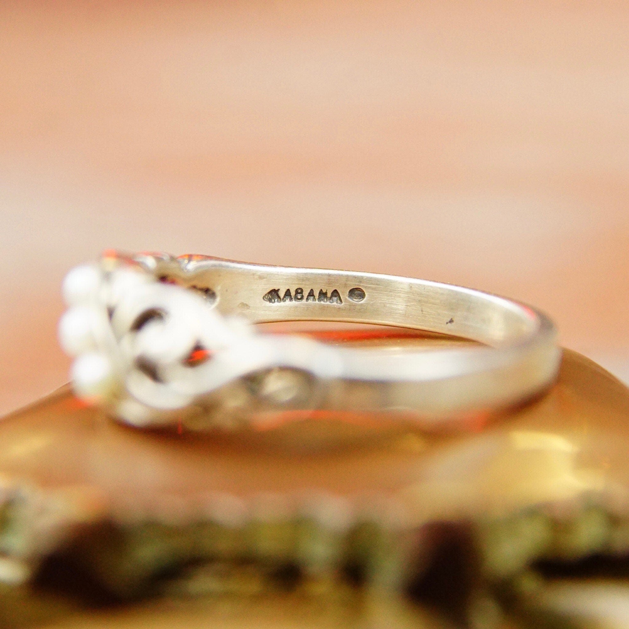 Vintage Kabana Sterling Silver Seed Pearl Ring, Ornate Silver Fleur Ring With 3 Small Accent Pearls, 2.25mm Pearl Seed, Size 9 1/4 US