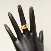 Vintage Modernist 14K Gold Amethyst Gemstone Cocktail Ring, Tiered Yellow Gold Saddle Ring, Bezel-Set Faceted Purple Gemstone, Size 7 US