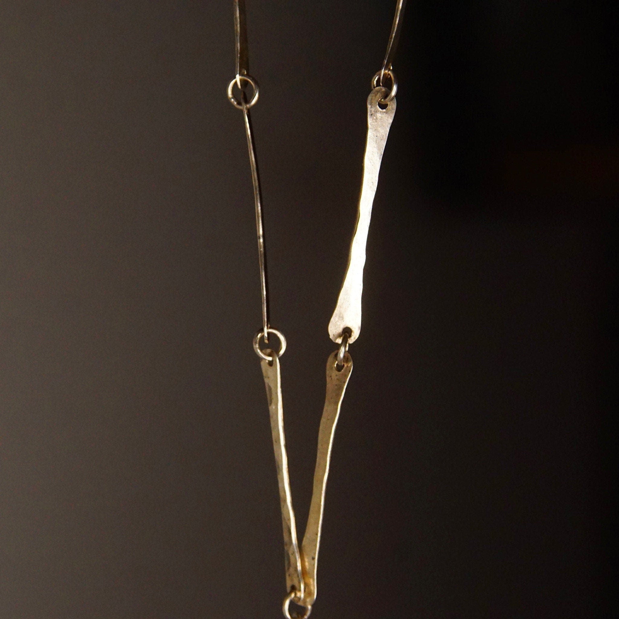 Vintage Mexico Sterling Silver Figural Pendant Necklace, Modernist, Brushed Silver, Oxidized Engraved Figure, Hammered Link Chain, 19" L