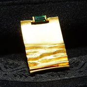 Vintage Modernist 14K Yellow Gold & Green Emerald Brooch, Emerald-Cut Gemstone, Rectangular Gold Pin W/ Crinkle Texturing, 1 5/8" L