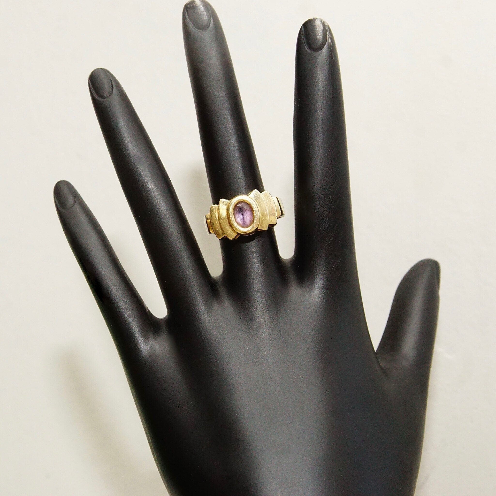 Vintage Modernist 14K Gold Amethyst Gemstone Cocktail Ring, Tiered Yellow Gold Saddle Ring, Bezel-Set Faceted Purple Gemstone, Size 7 US