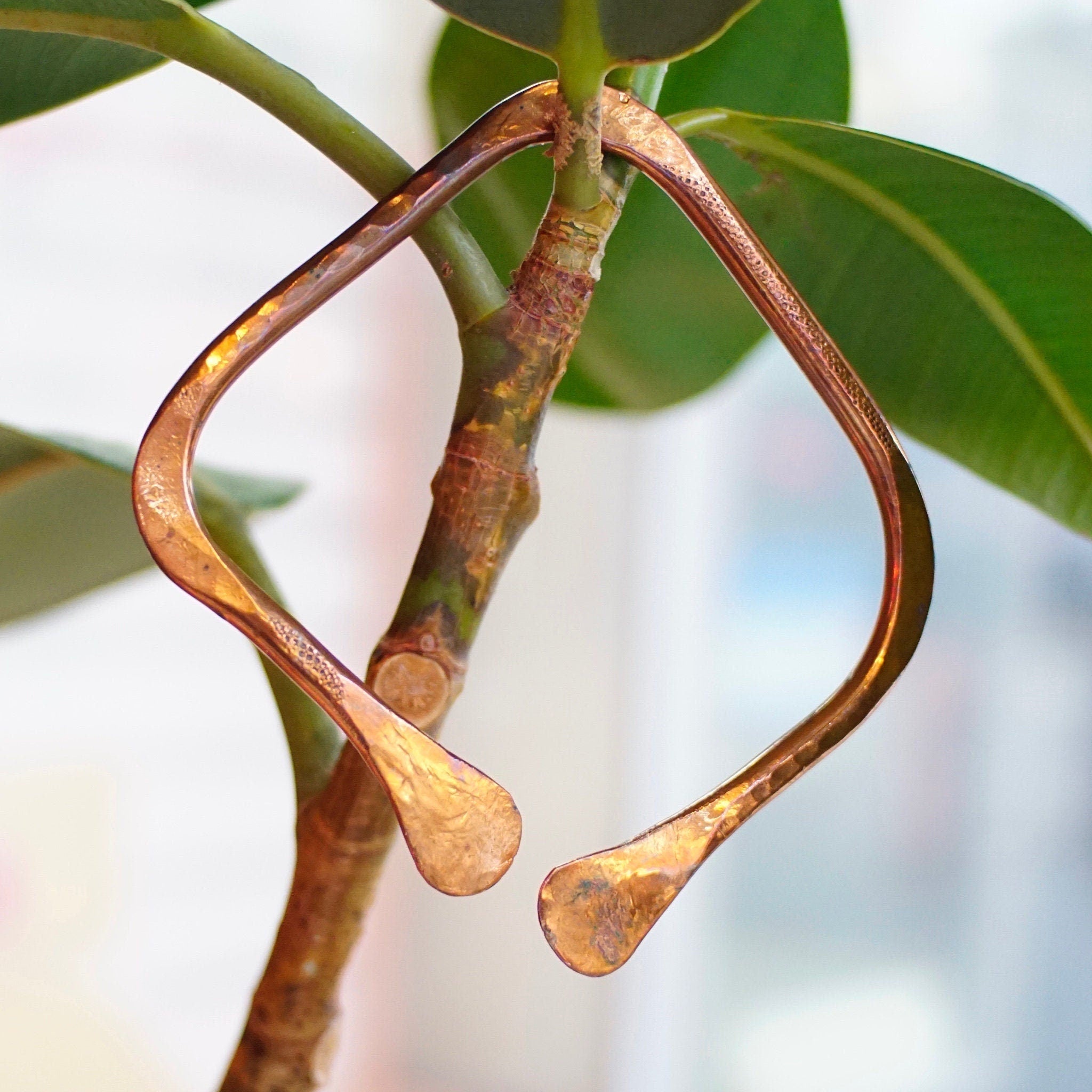 Vintage Modernist Copper Bangle Bracelet, Artisan Hammered Copper Bangle, Large Square Copper Bracelet With Textured Details