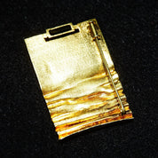 Vintage Modernist 14K Yellow Gold & Green Emerald Brooch, Emerald-Cut Gemstone, Rectangular Gold Pin W/ Crinkle Texturing, 1 5/8" L