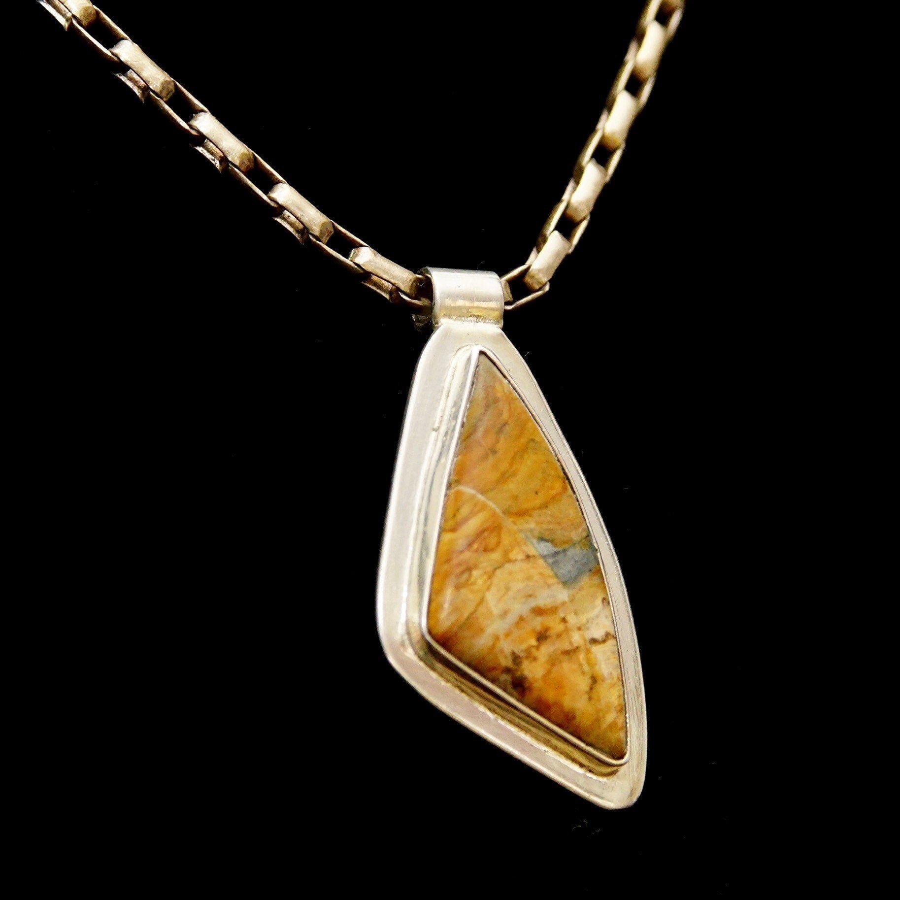 Fossil Pendant, Abstract Triangular Bezel Setting, Tube Necklace Bail, 925 Bohemian, 42mm x 22mm