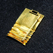 Vintage Modernist 14K Yellow Gold & Green Emerald Brooch, Emerald-Cut Gemstone, Rectangular Gold Pin W/ Crinkle Texturing, 1 5/8" L