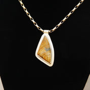Vintage Modernist Sterling Silver Gemstone/Fossil Pendant, Abstract Triangular Bezel Setting, Tube Necklace Bail, 925 Bohemian, 42mm x 22mm