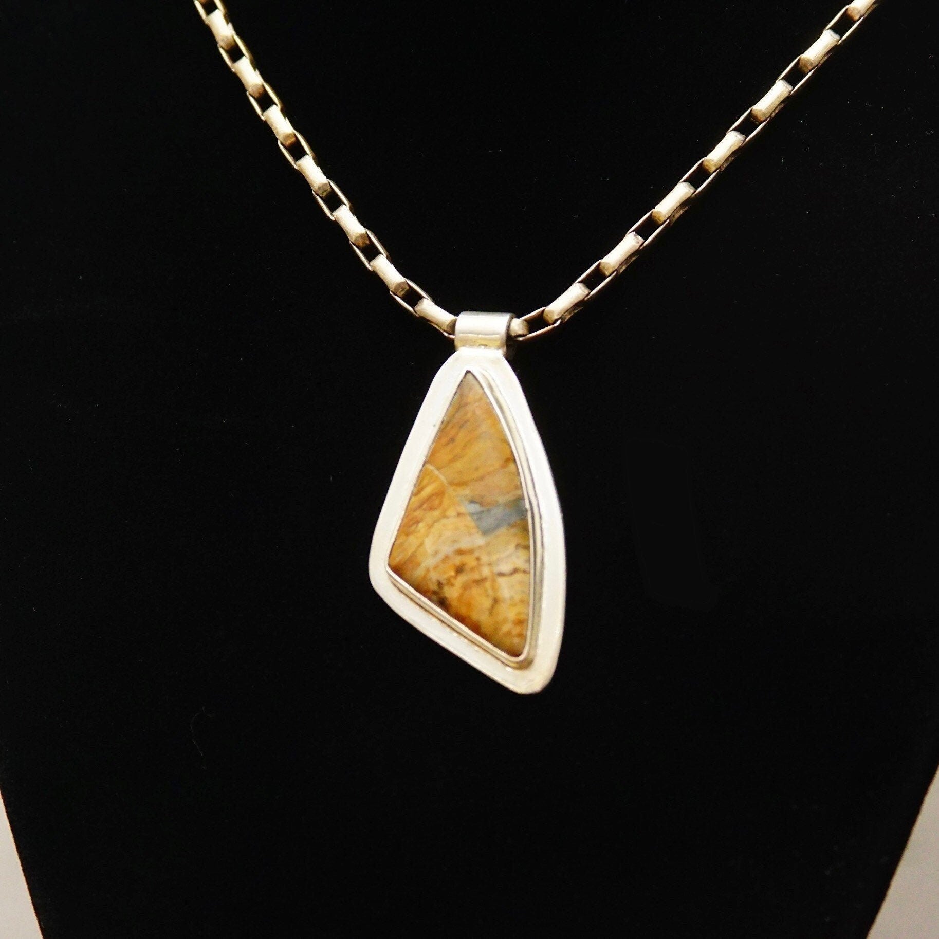 Vintage Modernist Sterling Silver Gemstone/Fossil Pendant, Abstract Triangular Bezel Setting, Tube Necklace Bail, 925 Bohemian, 42mm x 22mm