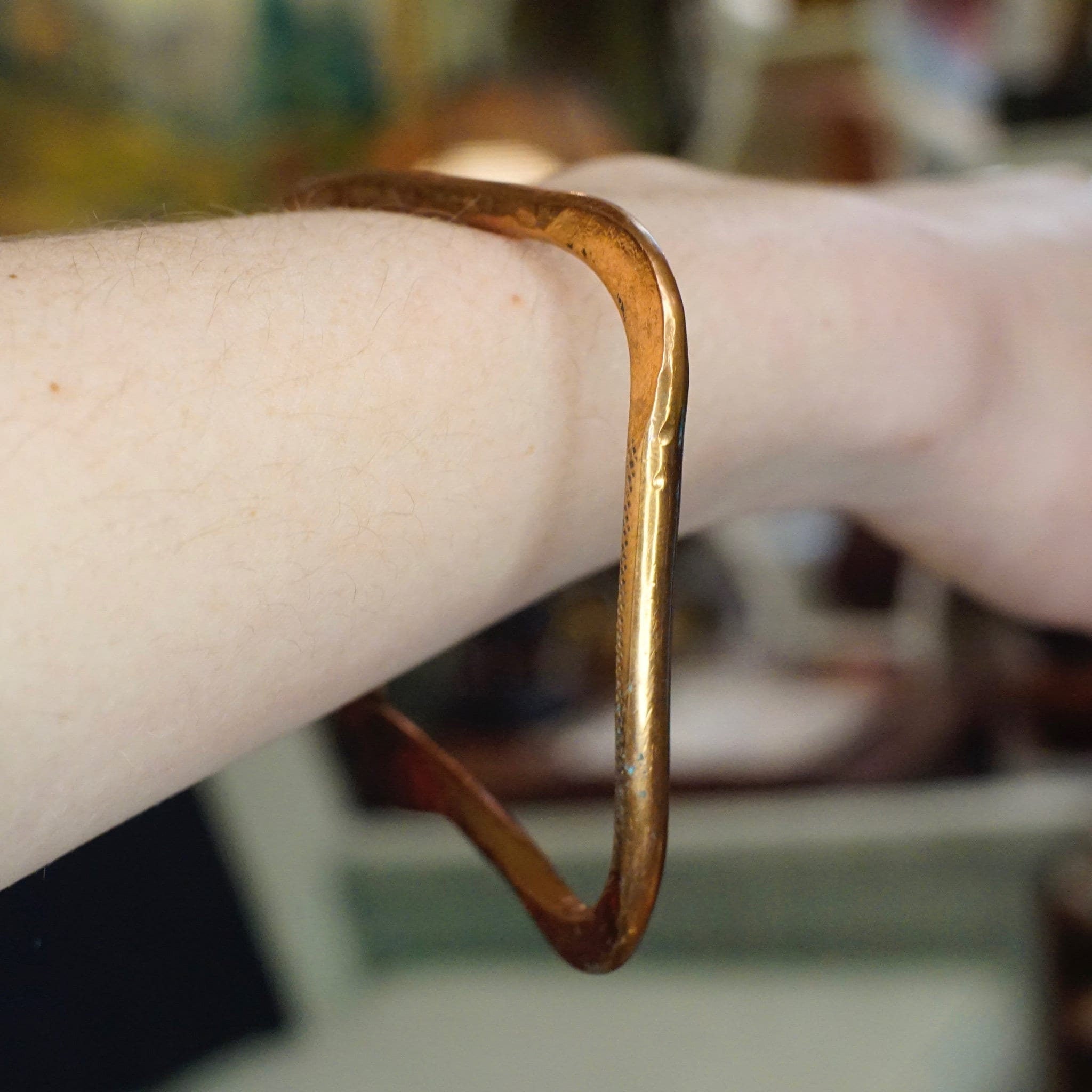 Vintage Modernist Copper Bangle Bracelet, Artisan Hammered Copper Bangle, Large Square Copper Bracelet With Textured Details