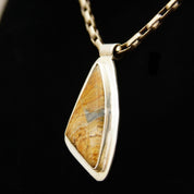 Vintage Modernist Sterling Silver Gemstone/Fossil Pendant, Abstract Triangular Bezel Setting, Tube Necklace Bail, 925 Bohemian, 42mm x 22mm