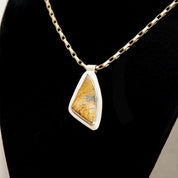Vintage Modernist Sterling Silver Gemstone/Fossil Pendant, Abstract Triangular Bezel Setting, Tube Necklace Bail, 925 Bohemian, 42mm x 22mm