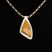 Vintage Modernist Sterling Silver Gemstone/Fossil Pendant, Abstract Triangular Bezel Setting, Tube Necklace Bail, 925 Bohemian, 42mm x 22mm