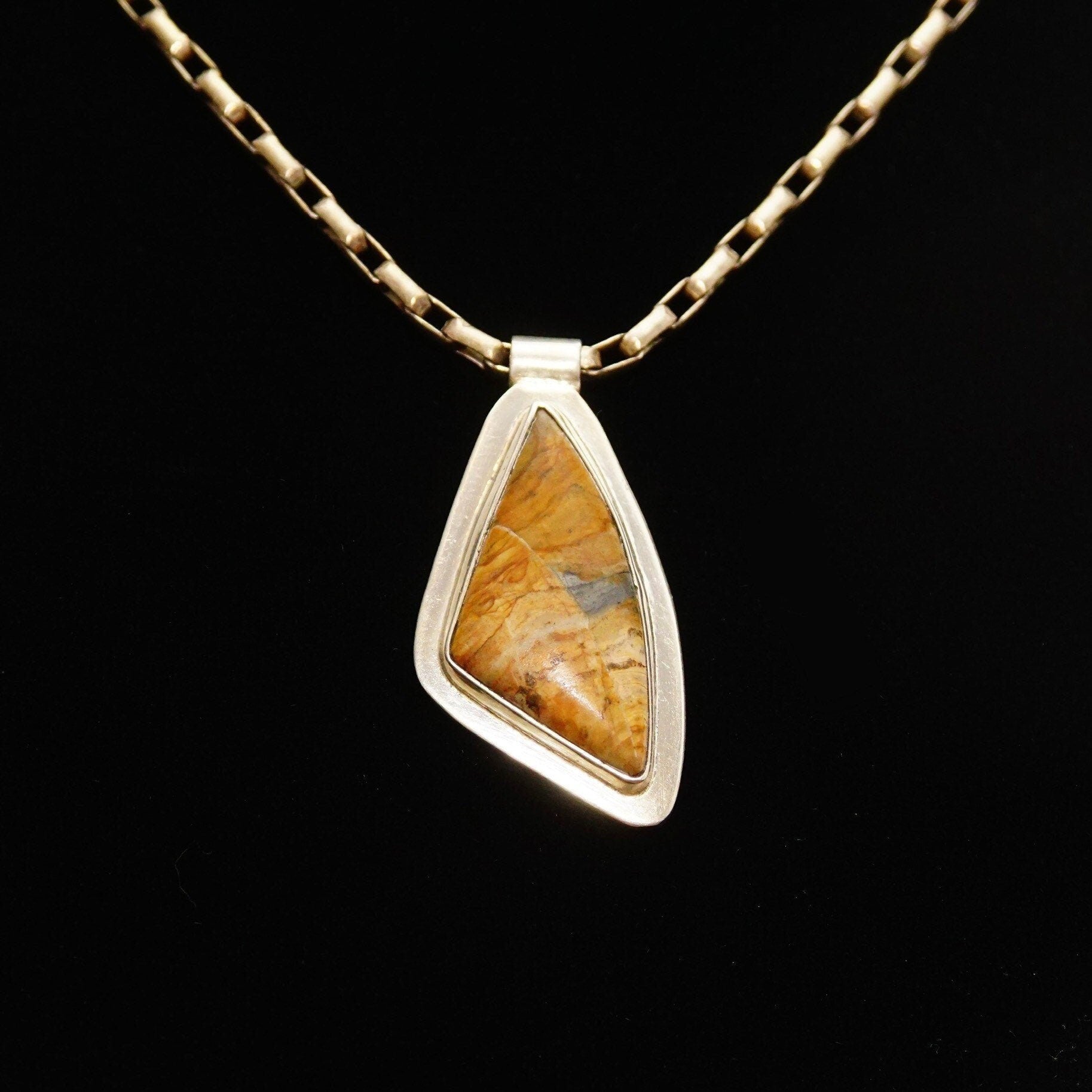 Vintage Modernist Sterling Silver Gemstone/Fossil Pendant, Abstract Triangular Bezel Setting, Tube Necklace Bail, 925 Bohemian, 42mm x 22mm