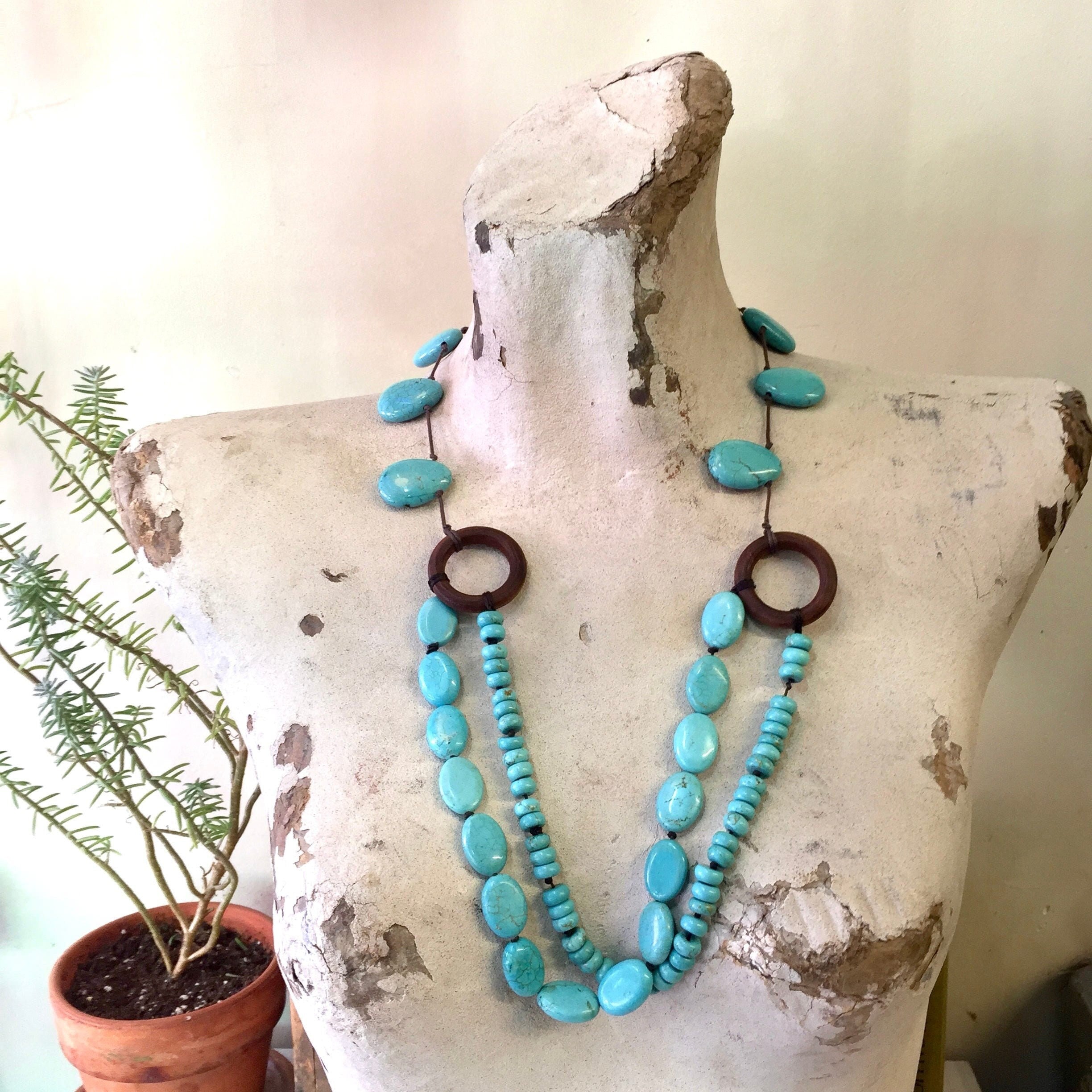 Vintage Multistrand Turquoise Necklace | Turquoise Beaded Necklace | Three Strand Necklace | Wooden Necklace | Blue Beads |Holiday Gift Idea