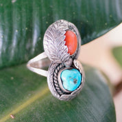 Vintage Native American Silver Turquoise & Coral Ring, Gorgeous Two-Stone Ring With Silver Leaf Details, Natural Turquoise/Coral, Size 8 1/4