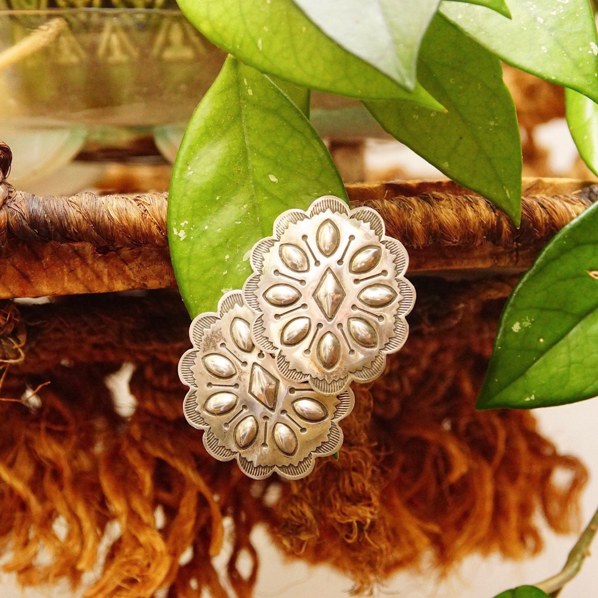 Vintage Native American Sterling Silver Concho Stud Earrings, Polished Silver Medallions, Engraved Line Work, Raised Designs, 1 11/16" L