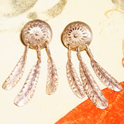 Vintage Native American Sterling Silver Feather Concho Dangle Stud Earrings, Intricate Hammered Designs, 3 Silver Feather Tassels, 2 3/8" L