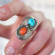 Vintage Native American Silver Turquoise & Coral Ring, Gorgeous Two-Stone Ring With Silver Leaf Details, Natural Turquoise/Coral, Size 8 1/4