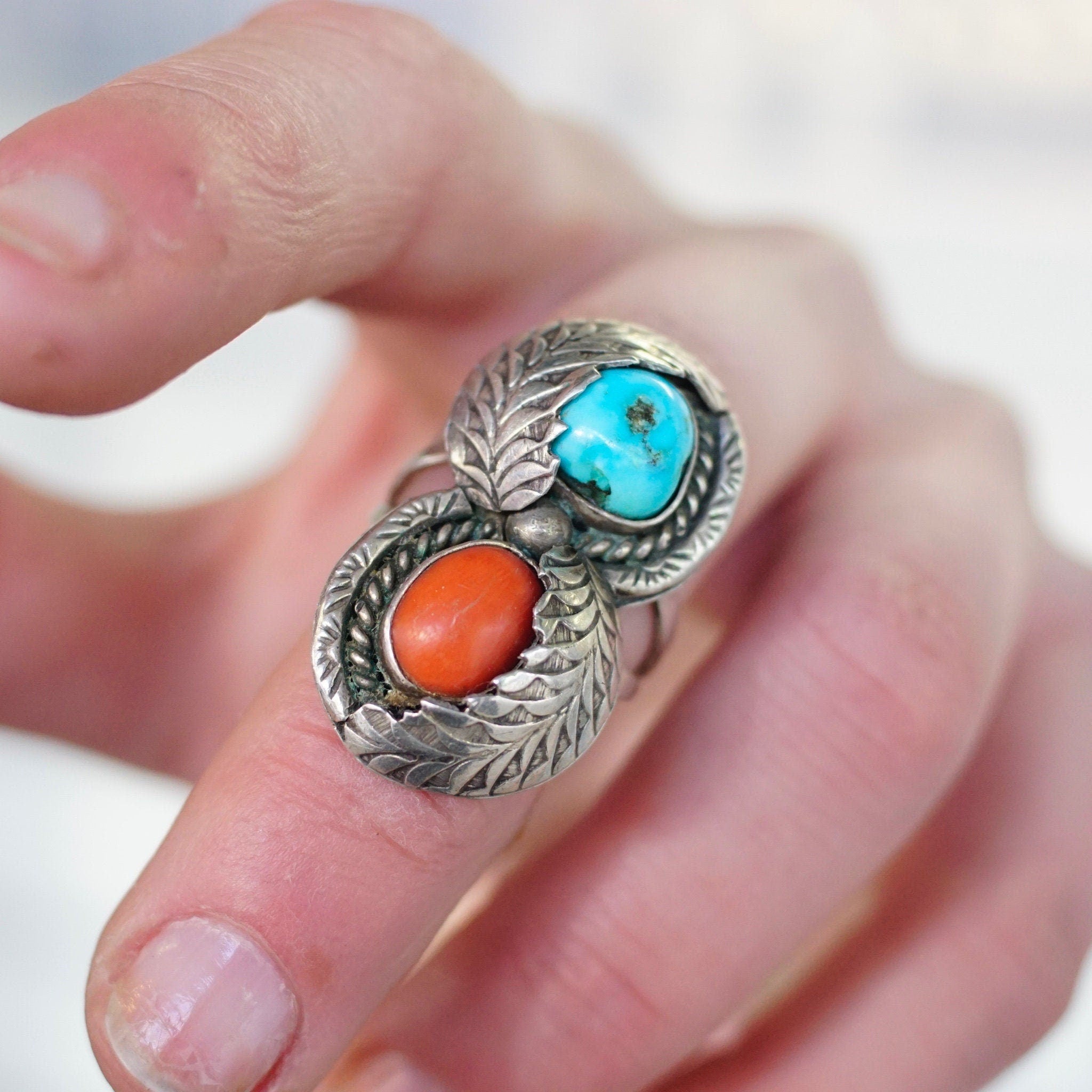 Vintage Native American Silver Turquoise & Coral Ring, Gorgeous Two-Stone Ring With Silver Leaf Details, Natural Turquoise/Coral, Size 8 1/4