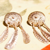 Vintage Native American Sterling Silver Feather Concho Dangle Stud Earrings, Intricate Hammered Designs, 3 Silver Feather Tassels, 2 3/8" L