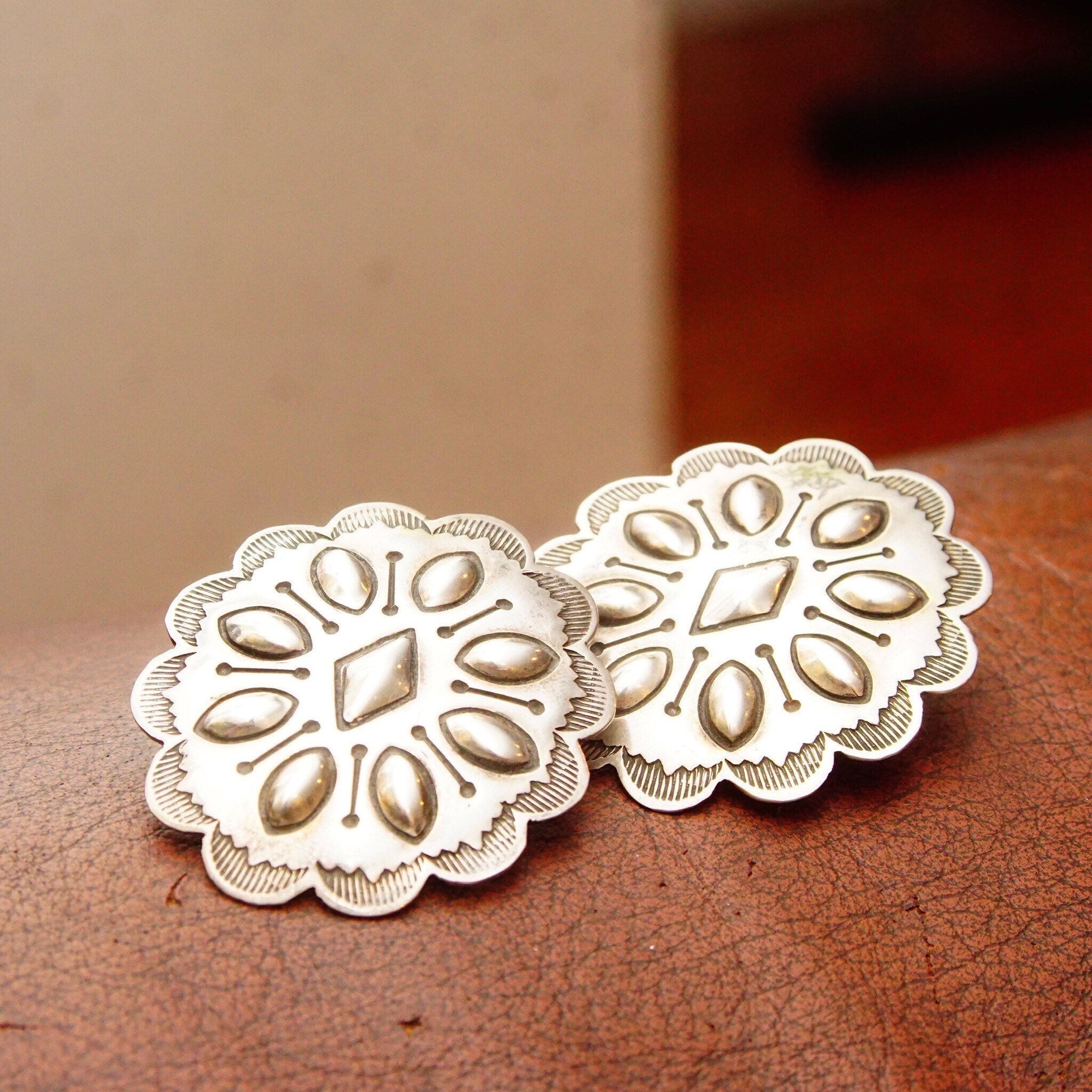 Vintage Native American Sterling Silver Concho Stud Earrings, Polished Silver Medallions, Engraved Line Work, Raised Designs, 1 11/16" L