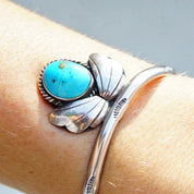 Vintage Native American Sterling Silver & Turquoise Cuff Bracelet, Modernist Hammered Silver Wire Cuff, Blue Turquoise Stone, 5/1/2" L