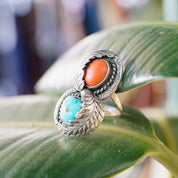 Vintage Native American Silver Turquoise & Coral Ring, Gorgeous Two-Stone Ring With Silver Leaf Details, Natural Turquoise/Coral, Size 8 1/4