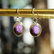 Vintage Navajo Signed SG Sterling Silver Purple Agate Drop Earrings, Marbled Purple Gemstone In Silver Setting, 925 Fish Hooks, 1 1/4" L