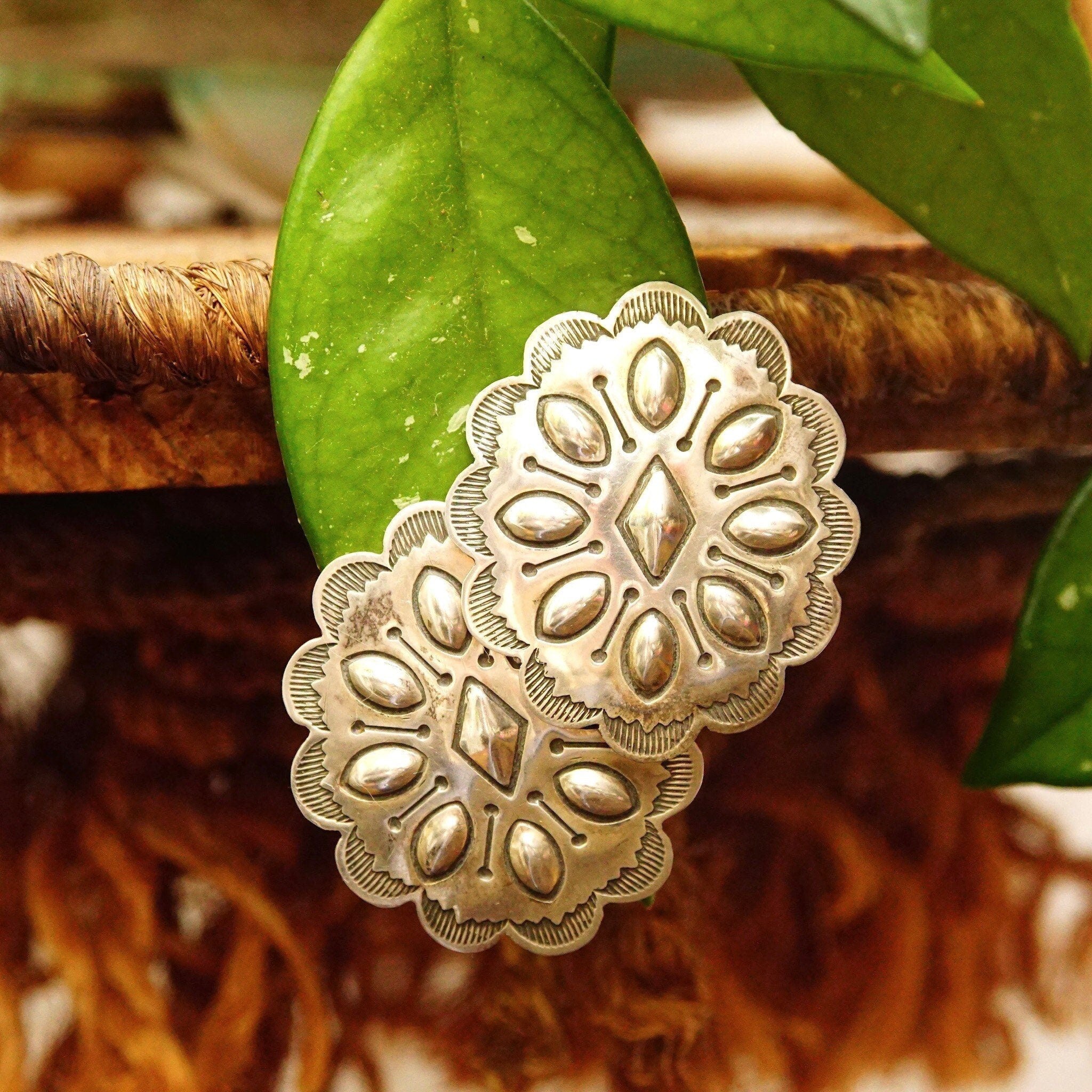 Vintage Native American Sterling Silver Concho Stud Earrings, Polished Silver Medallions, Engraved Line Work, Raised Designs, 1 11/16" L