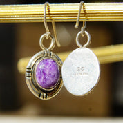 Vintage Navajo Signed SG Sterling Silver Purple Agate Drop Earrings, Marbled Purple Gemstone In Silver Setting, 925 Fish Hooks, 1 1/4" L
