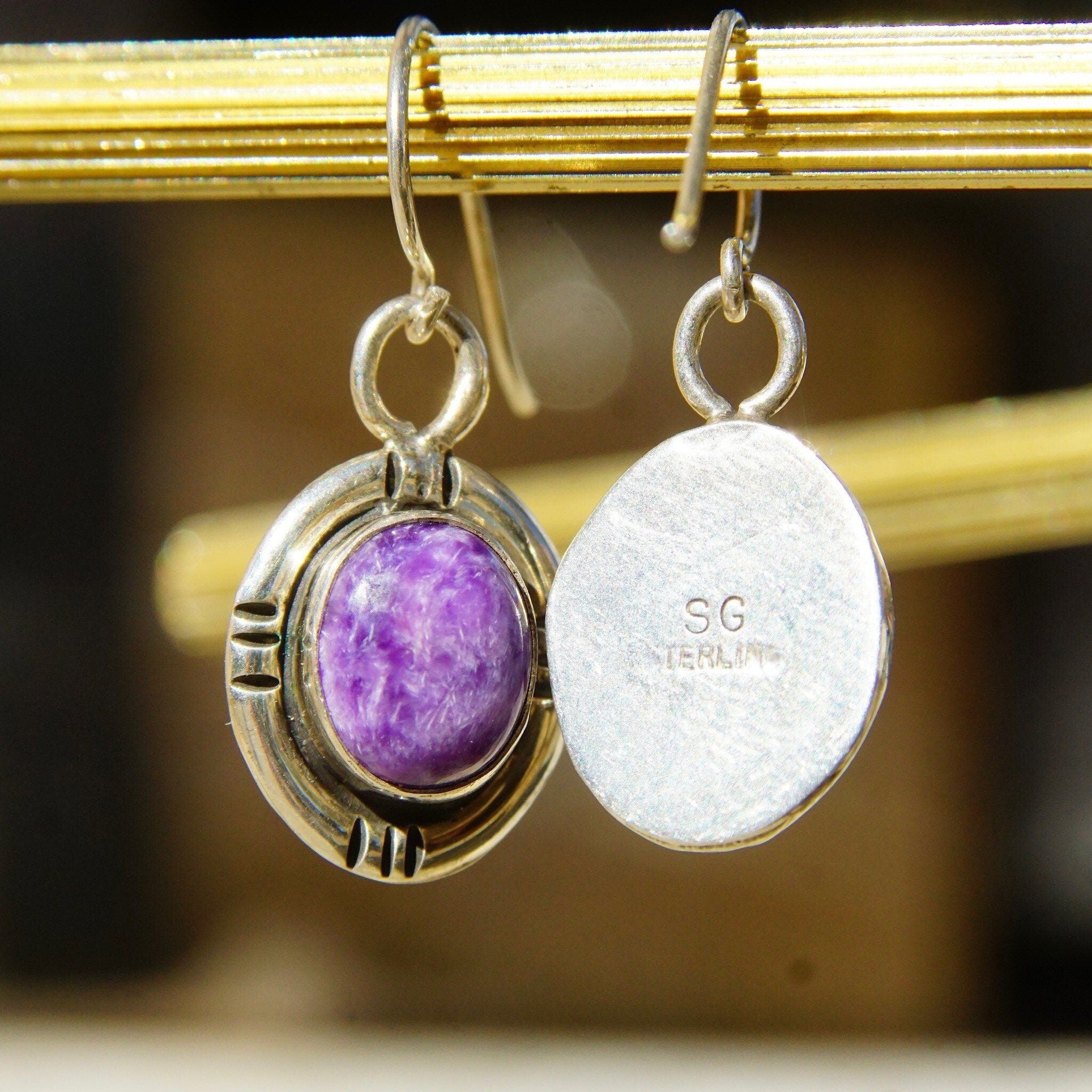 Vintage Navajo Signed SG Sterling Silver Purple Agate Drop Earrings, Marbled Purple Gemstone In Silver Setting, 925 Fish Hooks, 1 1/4" L