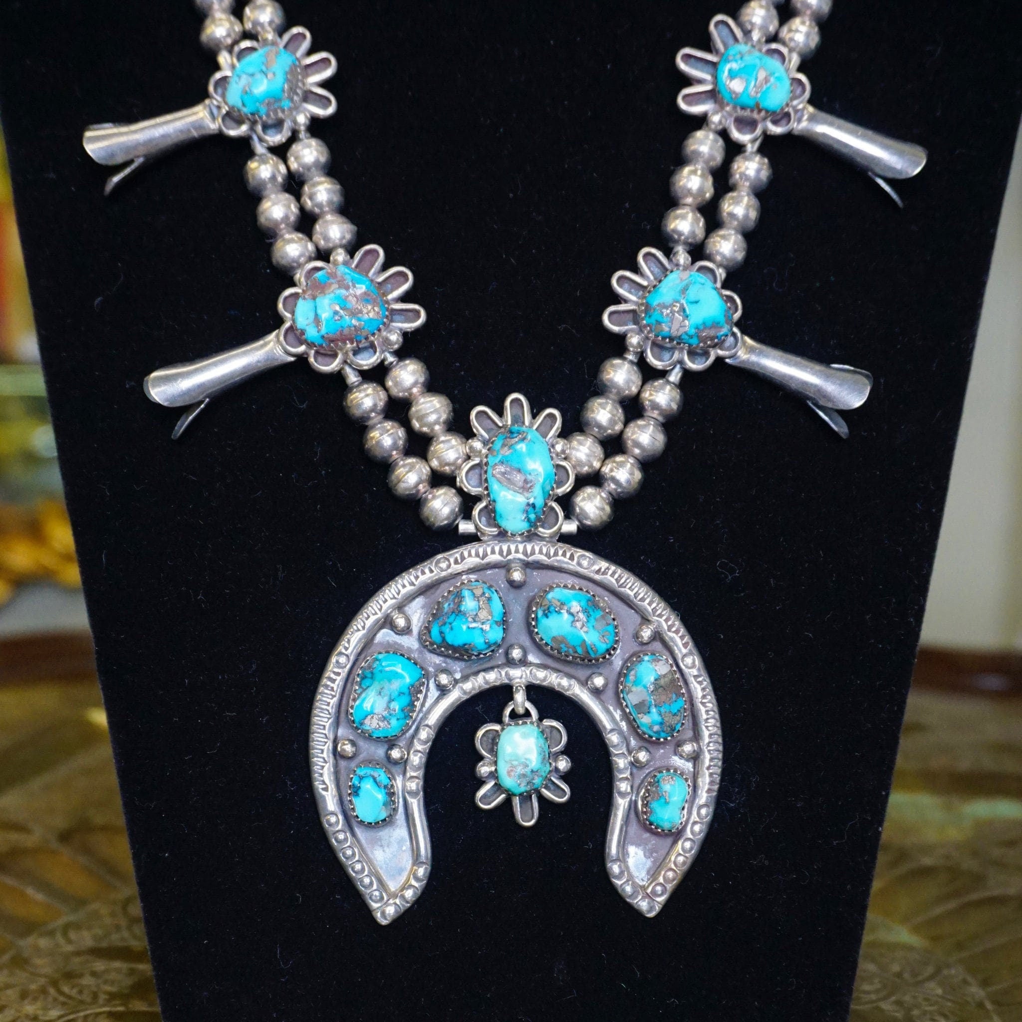 Vintage Navajo Turquoise Squash Blossom Necklace, Native American Beaded Necklace With Naja Pendant, Old Pawn Squash Blossom Necklace, 925