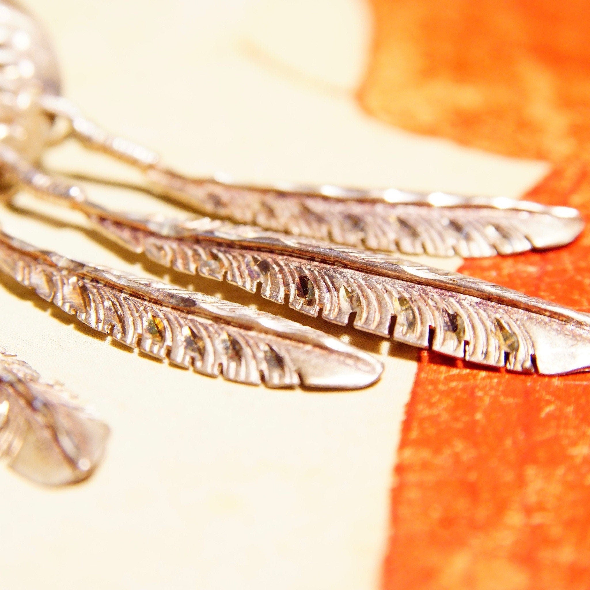 Vintage Native American Sterling Silver Feather Concho Dangle Stud Earrings, Intricate Hammered Designs, 3 Silver Feather Tassels, 2 3/8" L