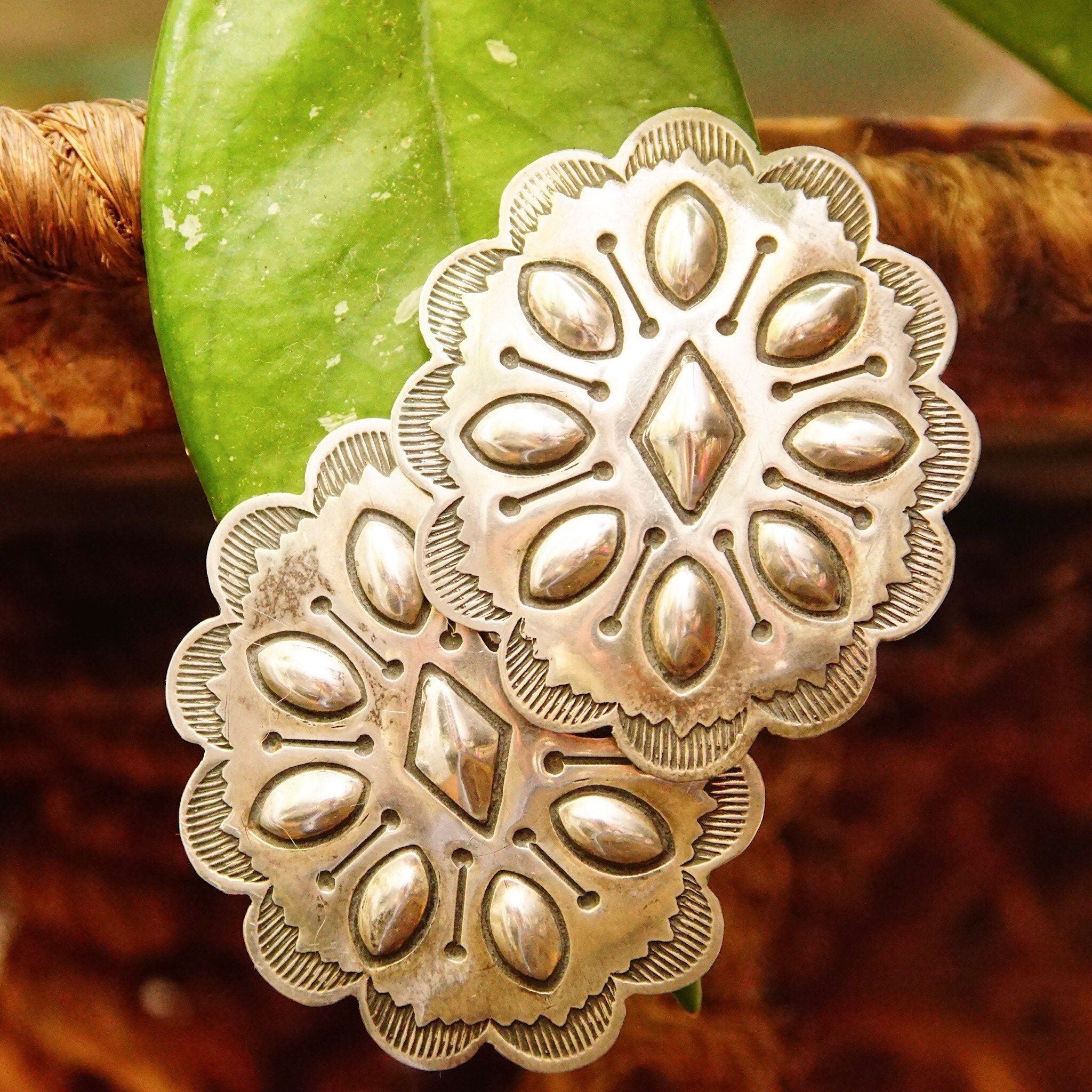 Vintage Native American Sterling Silver Concho Stud Earrings, Polished Silver Medallions, Engraved Line Work, Raised Designs, 1 11/16" L