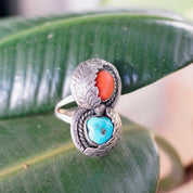 Vintage Native American Silver Turquoise & Coral Ring, Gorgeous Two-Stone Ring With Silver Leaf Details, Natural Turquoise/Coral, Size 8 1/4