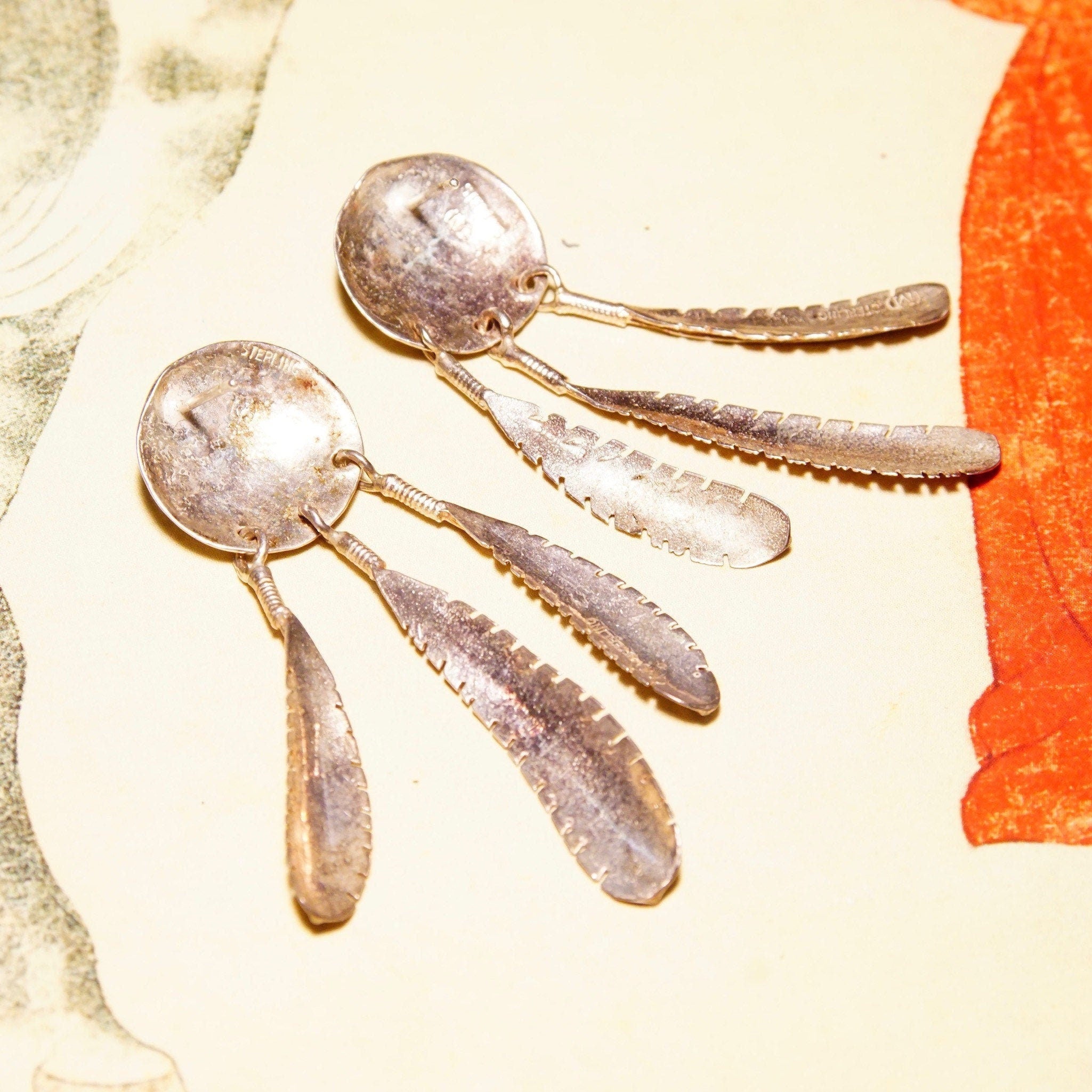Vintage Native American Sterling Silver Feather Concho Dangle Stud Earrings, Intricate Hammered Designs, 3 Silver Feather Tassels, 2 3/8" L