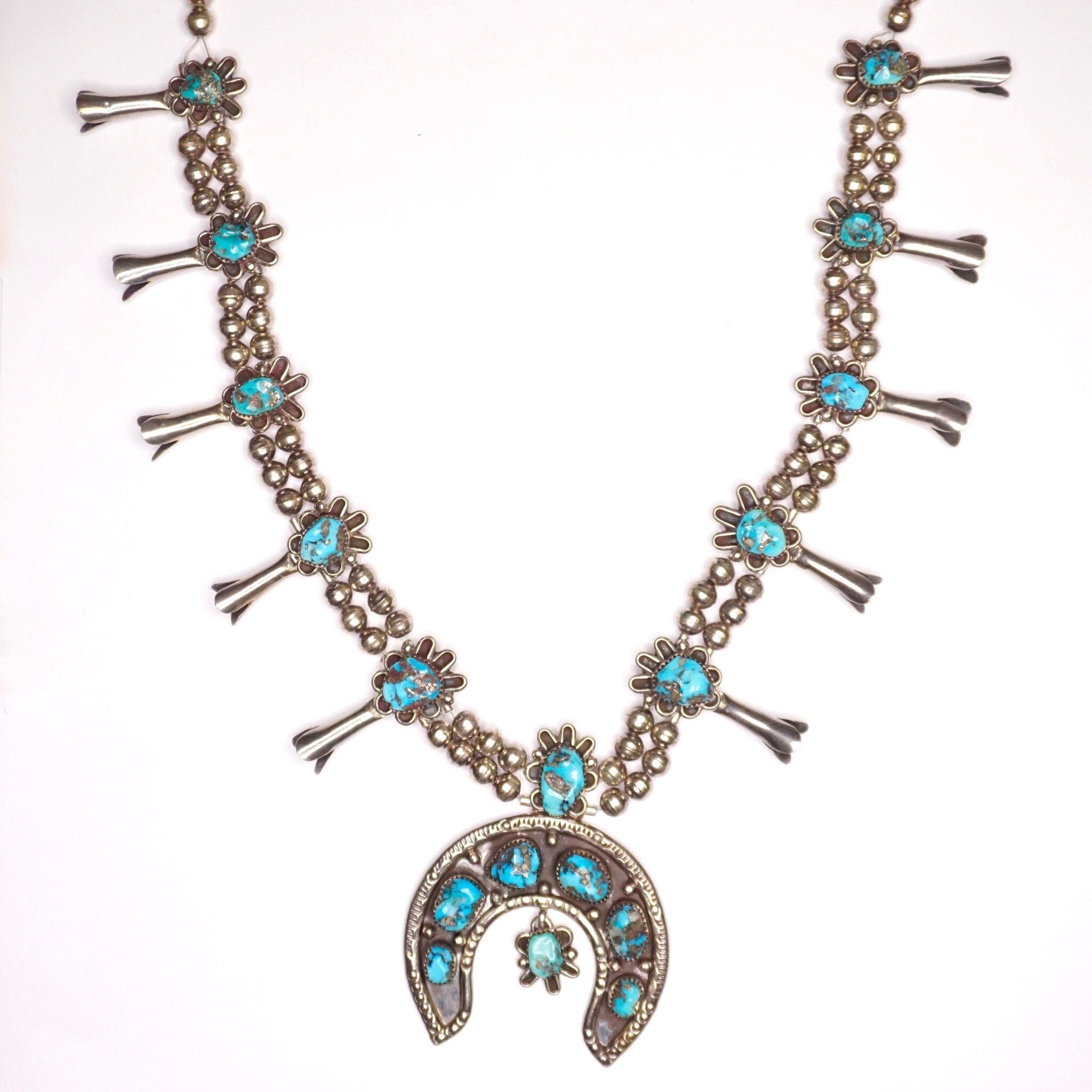 Vintage Navajo Turquoise Squash Blossom Necklace, Native American Beaded Necklace With Naja Pendant, Old Pawn Squash Blossom Necklace, 925