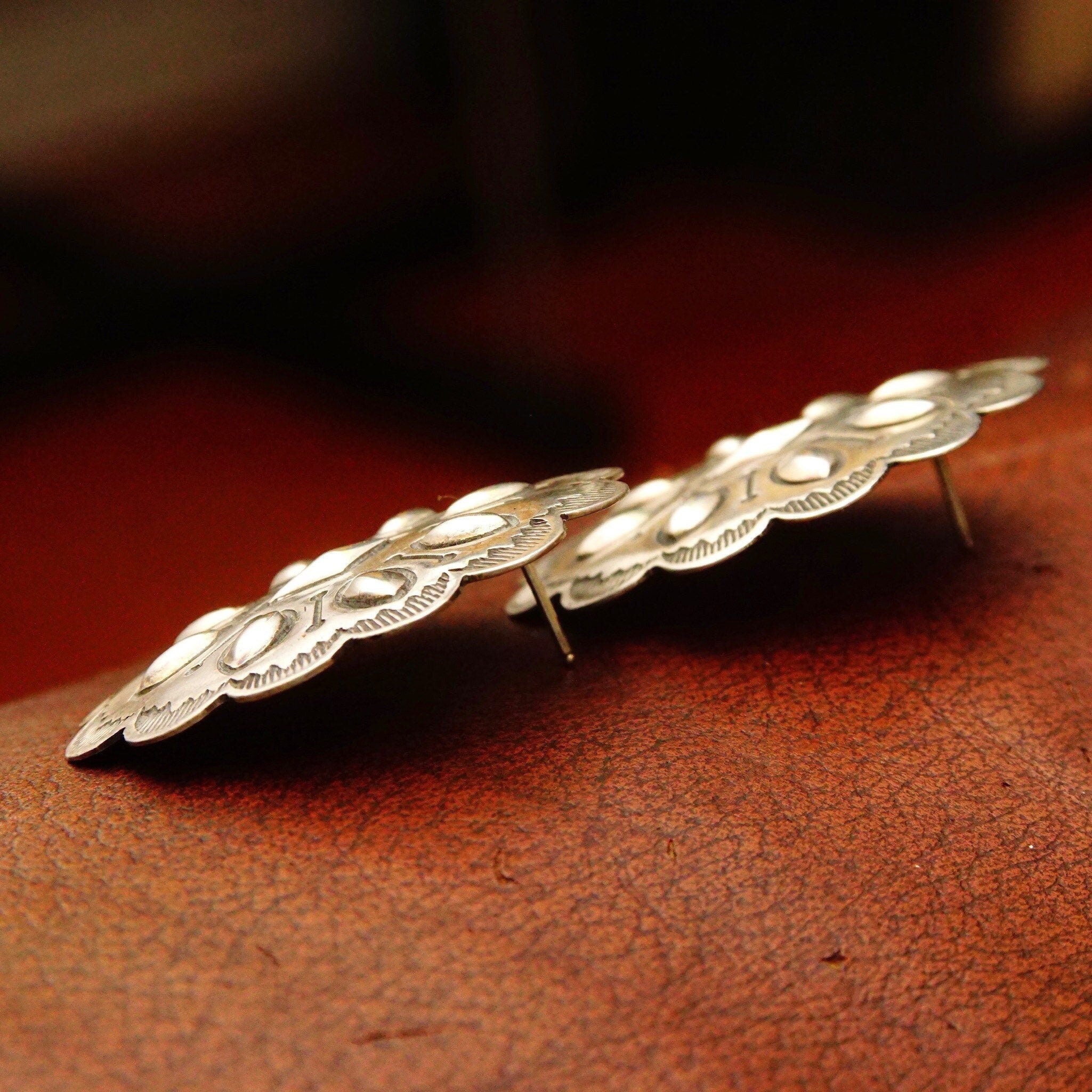 Vintage Native American Sterling Silver Concho Stud Earrings, Polished Silver Medallions, Engraved Line Work, Raised Designs, 1 11/16" L