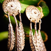 Vintage Native American Sterling Silver Feather Concho Dangle Stud Earrings, Intricate Hammered Designs, 3 Silver Feather Tassels, 2 3/8" L