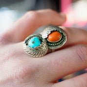 Vintage Native American Silver Turquoise & Coral Ring, Gorgeous Two-Stone Ring With Silver Leaf Details, Natural Turquoise/Coral, Size 8 1/4