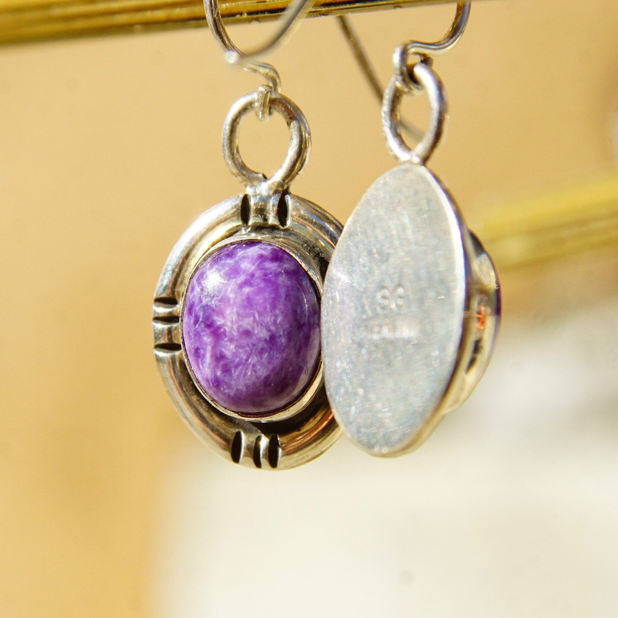 Vintage Navajo Signed SG Sterling Silver Purple Agate Drop Earrings, Marbled Purple Gemstone In Silver Setting, 925 Fish Hooks, 1 1/4" L