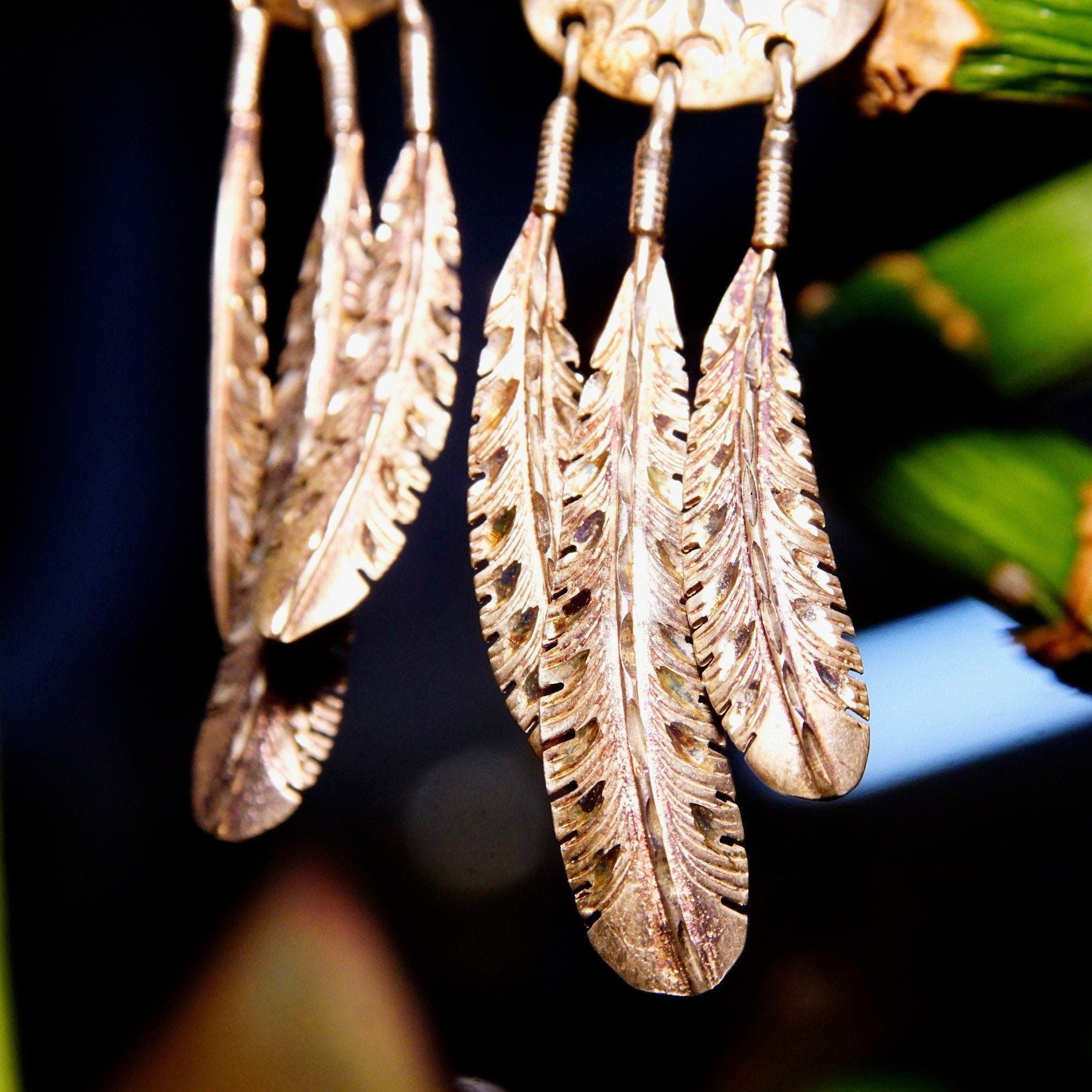 Vintage Native American Sterling Silver Feather Concho Dangle Stud Earrings, Intricate Hammered Designs, 3 Silver Feather Tassels, 2 3/8" L