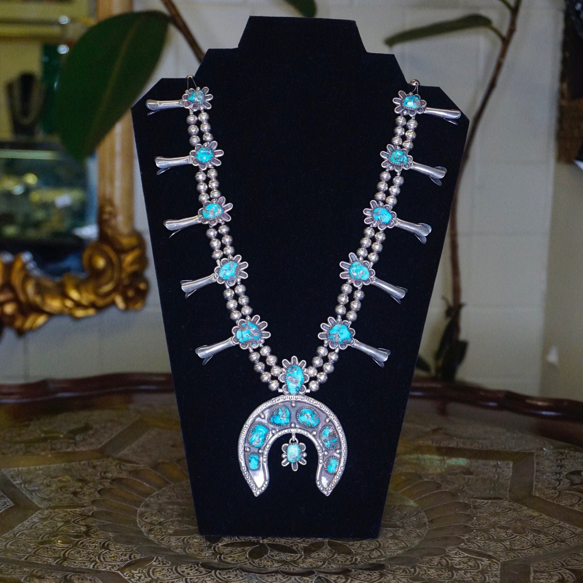 Vintage Navajo Turquoise Squash Blossom Necklace, Native American Beaded Necklace With Naja Pendant, Old Pawn Squash Blossom Necklace, 925