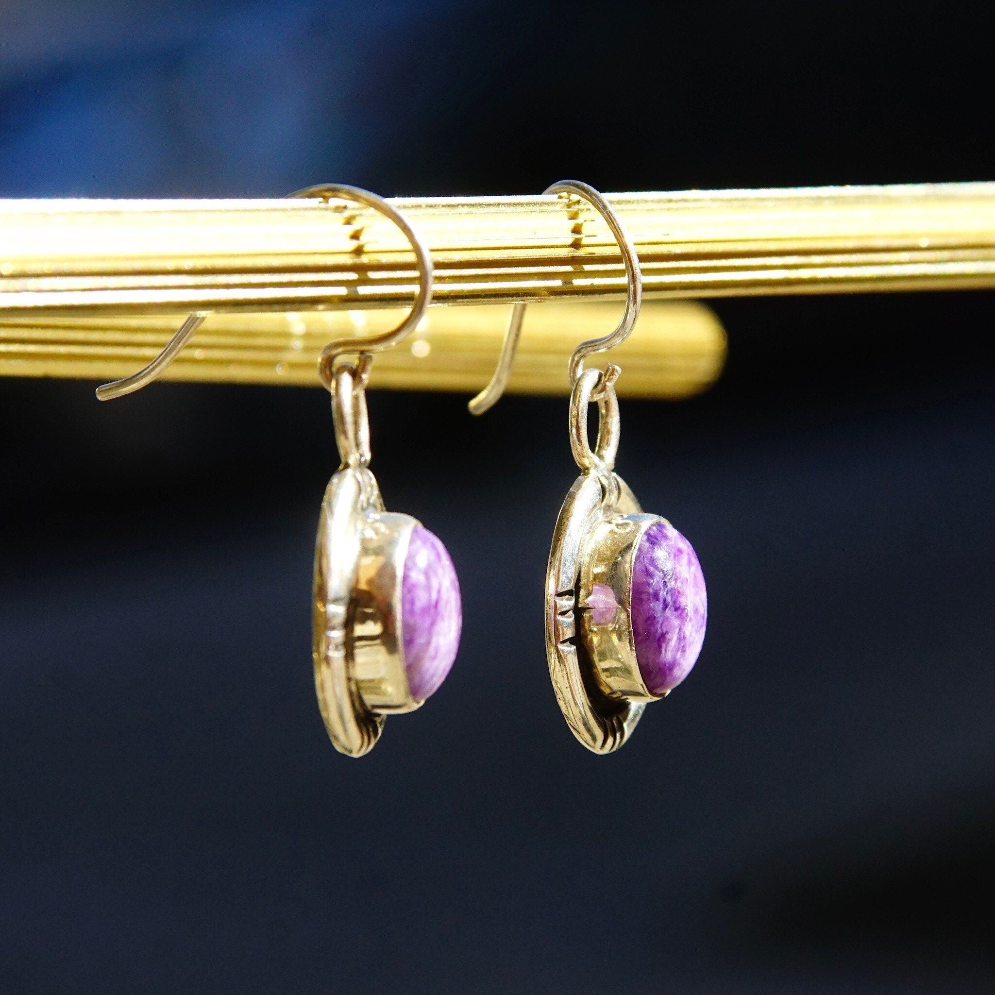 Vintage Navajo Signed SG Sterling Silver Purple Agate Drop Earrings, Marbled Purple Gemstone In Silver Setting, 925 Fish Hooks, 1 1/4" L