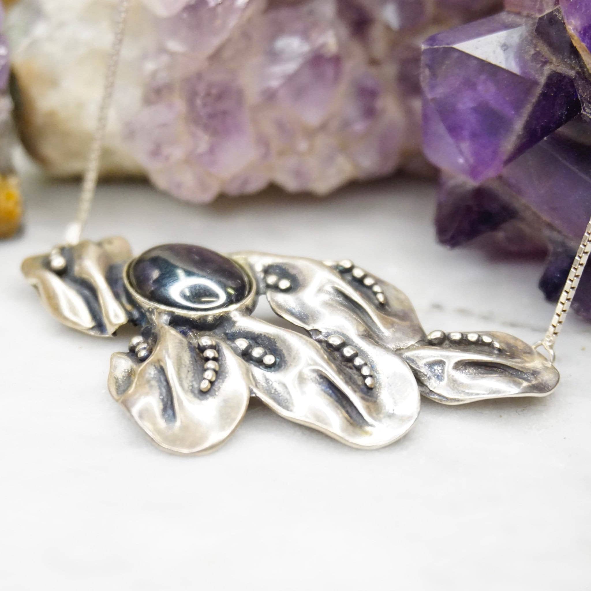Vintage Noy Li Sterling Silver Hematite Pendant Necklace, Silver Box Chain Choker With Leaf Pendant, Modernist Silver Hematite Pendant, 925