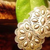 Vintage Native American Sterling Silver Concho Stud Earrings, Polished Silver Medallions, Engraved Line Work, Raised Designs, 1 11/16" L