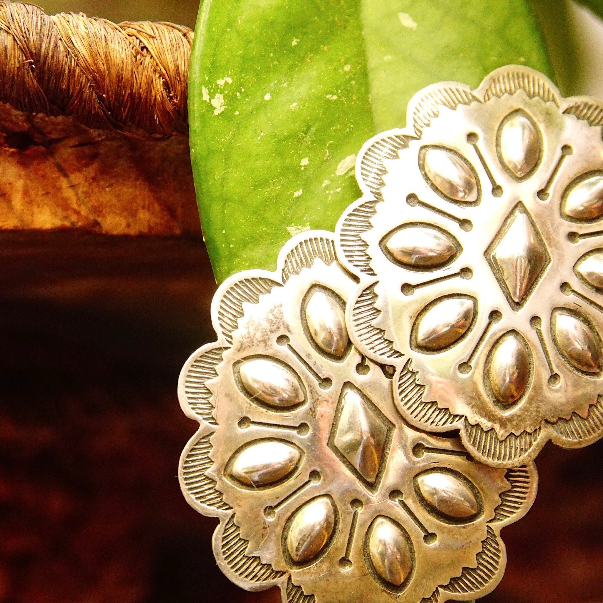 Vintage Native American Sterling Silver Concho Stud Earrings, Polished Silver Medallions, Engraved Line Work, Raised Designs, 1 11/16" L