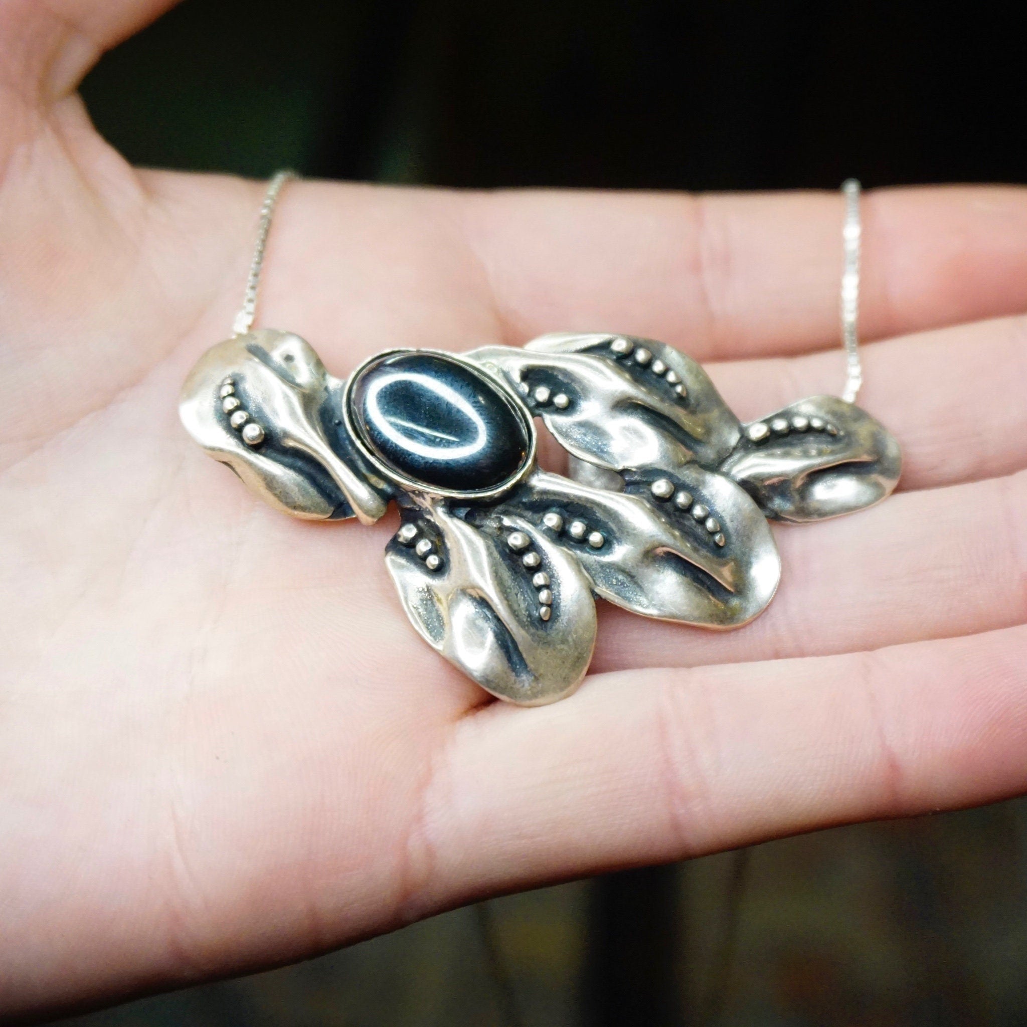 Vintage Noy Li Sterling Silver Hematite Pendant Necklace, Silver Box Chain Choker With Leaf Pendant, Modernist Silver Hematite Pendant, 925